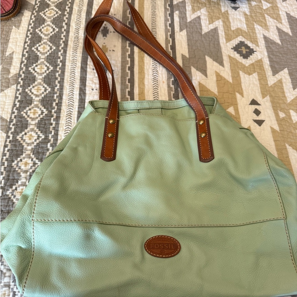 Fossil Mint Green Leather Tote with Brown Accents